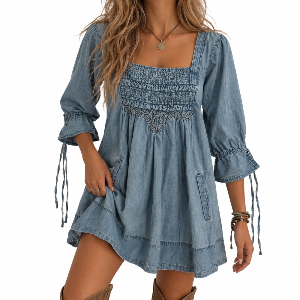 Free People Sonora Denim Mini Dress Women's XS Blue 3/4 Sleeve Boho Festival